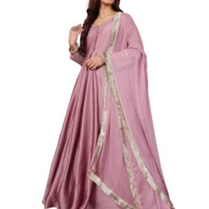 VARANGA Women's Net Mauve V Neck Embroidered Kurta With Dupatta Tonal Sequence