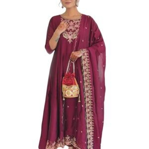 Naixa Women's Vichitra Silk Embroidered A-Line Kurta with Pant and Dupatta Sets