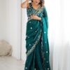 Satrani Women's Tissue Silk Scalloped Border Sequins Embroidery Saree with Unstitched Blouse Piece
