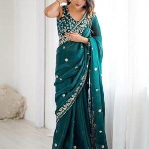 Satrani Women's Tissue Silk Scalloped Border Sequins Embroidery Saree with Unstitched Blouse Piece