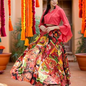 Pannkh Women’s Red Crop Top & Printed Skirt Co-ord Set | Embroidered Collar Blouse with InPicasso spired Flared Skirt