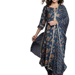 Libas Womens Printed Silk Blend Straight Kurta With Palazzos and Dupatta