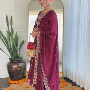 Alternative view of Naixa Women's Vichitra Silk Embroidered A-Line Kurta with Pant and Dupatta Sets