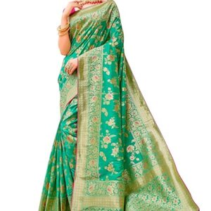 Monjolika Fashion Women's Banarasi Silk Blend Zari Woven Work With Tussles Saree and Embroidered Work Blouse Piece